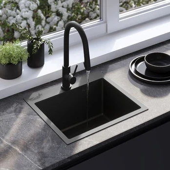 Kriauklė Rea Leo 50 Black + Maišytuvas Virtuvės Fresh Black