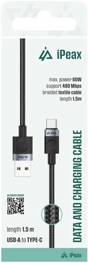 iPEAX TEXTILE CABLE USB-A / USB-C 1.5M, USB 2.0 Juodas