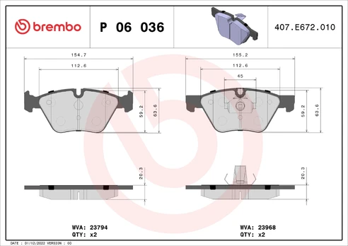 Stabdžių trinkelių rinkinys, diskinis stabdys BREMBO P06036