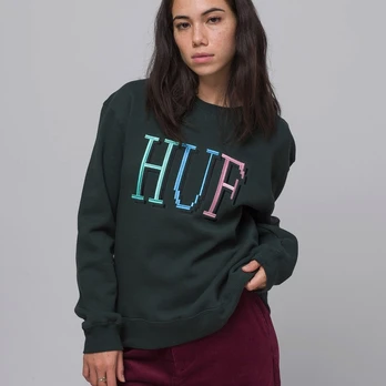 HUF 8-Bit WMNS Crewneck Dark Green - Dydis M (WPF0009-DKGRN Džemperiai)