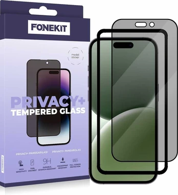 FoneKit Privacy+ Full Cover -panssarilasi, iPhone 16 Pro, musta