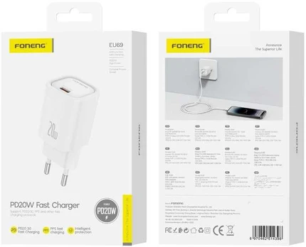 FONENG wall charger EU69 PD 20W 1xUSB-C Baltas