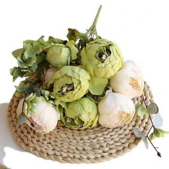 Dirbtinė Rustic Puokštė Su Bijūnais ir Eukaliptu, Žalias