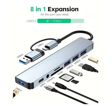 8-in-1 USB šakotuvas su Type-C adapteriu BC1.2, Juoda