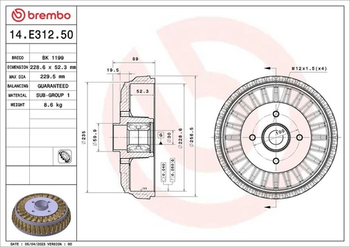Stabdžių būgnas BREMBO 14.E312.50