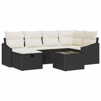 7 dalių sodo sofa su pagalvėmis juodas poli ratanas