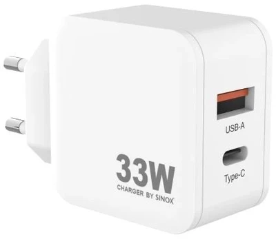 Sinox PRO 230V USB-A+USB-C PD įkroviklis 33W. Balta