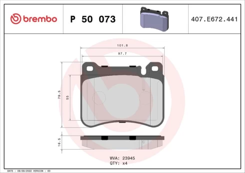 Stabdžių trinkelių rinkinys, diskinis stabdys BREMBO P 50 073