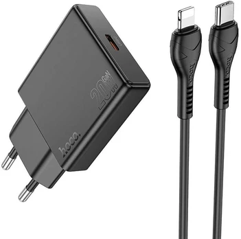 HOCO slim wall charger Type C + cable Type C to Lightning PD QC 30W N37 juodas