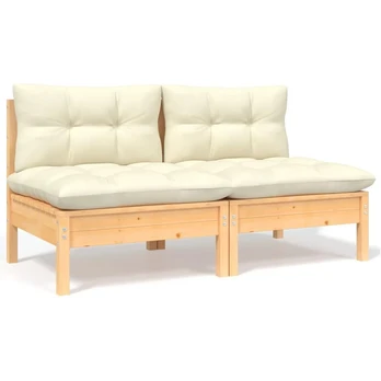 Dvivietė sodo sofa su kreminėmis pagalvėlėmis, pušies masyvas