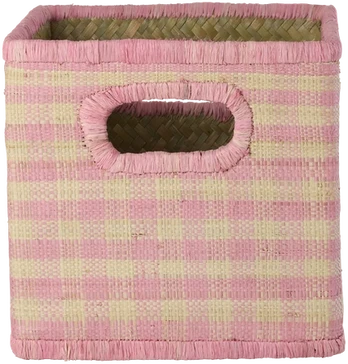 Rice - Raffia Square Basket with Handle Opening - Rožinė Checks - Small