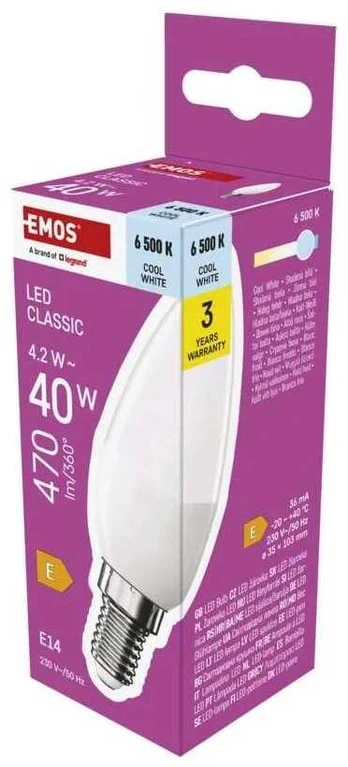 LED žvakės formos lemputė E14 Emos 4.2W/470lm 6000K