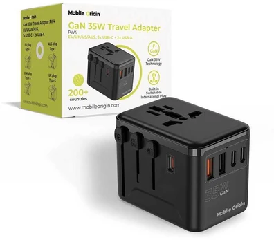 Mobile Origin GaN 35W kelioninis adapteris PW4 ES/JK/JAV/Australija, 3x USB-C + 2x USB-A