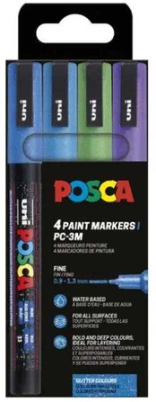 POSCA PC-3M 4stk Glitter, Kolde ( Blå,Lys Blå,Grøn,Violet)