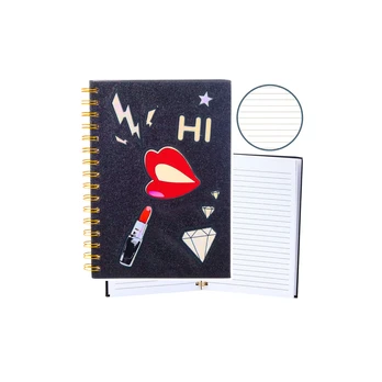 Lean Notebook Lined Notebook Patches Lips Lipstick Glitter Juodas A5 80 Sheets