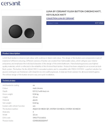 Cersanit LUNA BUTTON CHRO.MATO.KEY.Matinis Juodas.