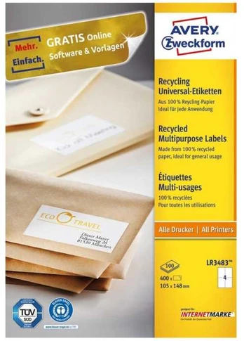 Avery Zweckform Avery LR3483, Baltas, Rectangle, Permanent, 105 x 148 mm, A4, Universal