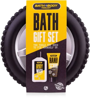 ACCENTRA SET BATH and BODY TOOLKIT in a tire-shaped case