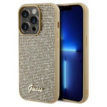 Dėklas Original faceplate case GUESS GUHCP14LPMSDGSD for iPhone 14 Pro (Disco Script Metal / auksinis)