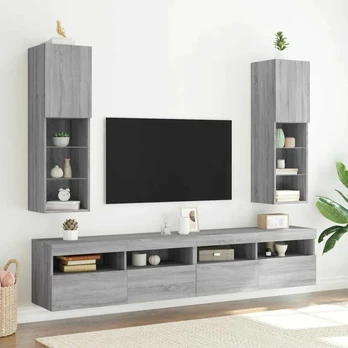 Tv spintelės su led, 2vnt., pilkos ąžuolo, 30,5x30x102cm