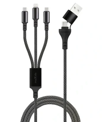 Maxlife ALLin1 cable USB + USB-C - Lightning + 2x USB-C 1,0 m 66W juodas