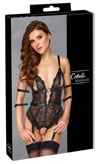 Cottelli BONDAGE nėriniuotas bodis su suvaržymo dirželiais, juodas, S