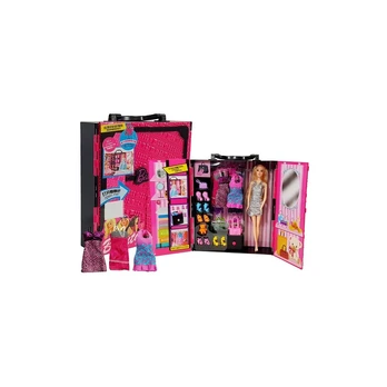 Lean Toys Lėlės drabužių spinta, lagaminas, rožinis