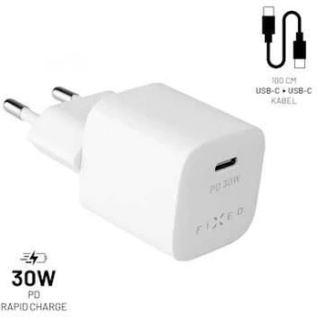 FIXED Mini įkroviklis 30W + USB-C/USB-C kabelis baltos spalvos