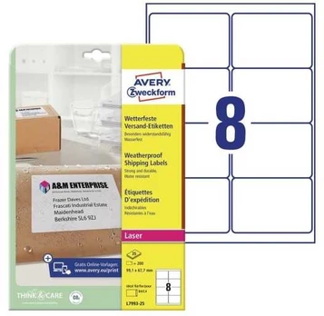 Avery Zweckform Avery Weatherproof Shipping Labels, Baltas, A4, 99.1 mm, 67.7 mm, 200 pc(s), 8 sheets
