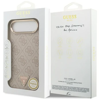 Dėklas Guess PU Leather 4G Strass Triangle Logo Gold Frame MagSafe Case for iPhone Air Rožinė