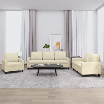 Sofa Sofos komplektas su pagalvėmis, 3 dalių, kreminis, dirbtinė oda