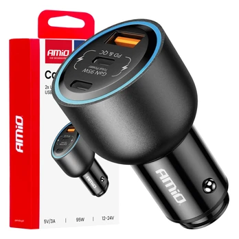 Įkroviklis samochodowa 2x usb-c + usb-a 12v 24v 95w amio-04372