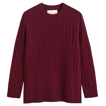 Megztinis moterims, Raudona, Wool cable knit c-neck