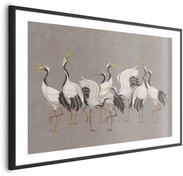 Artgeist Plakatas - Crane Dance - light bird silhouettes on a warm-pilka textured background