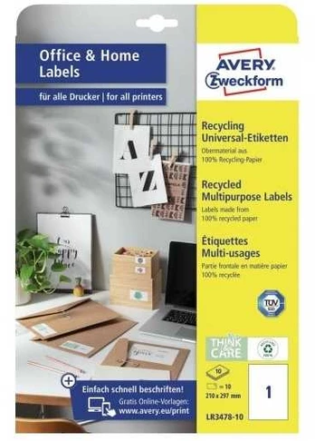 Avery Zweckform Avery LR3478-10, Baltas, Rectangle, Permanent, 210 x 297 mm, A4, Paper