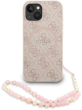 Dėklas Guess PU Leather 4G Colored Ring Strap MagSafe Case for iPhone 15 Rožinė