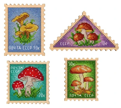 Cross-stich on wooden base "USSR stamps. Magnets" SO-115