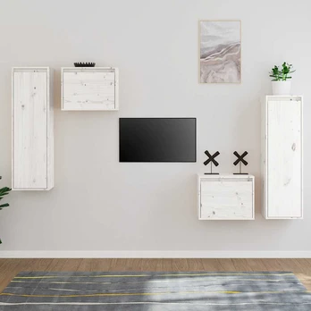 TV staliukas Televizoriaus spintelės, 4vnt., baltos, pušies medienos masyvas