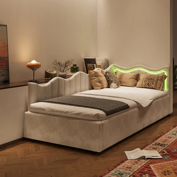 Lova 90×200 cm viengulė,lova su 7 spalvų LED šviesomis, smėlio,spalvos aksomas