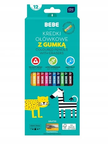 Spalvoti pieštukai 12 vnt. Bebe Kids su trintuku, Interdruk