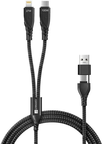 CONNECT IT Wirez 4in1 1x USB-C, 1x Lightning, 1,25 m, Juodas