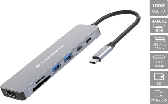 CONCEPTRONIC Dock USB-C->HDMI,2xUSB-C,SD,TF,100WPD 25cm gr