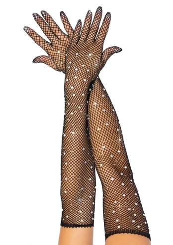 Leg Avenue Rhinestone Fishnet Opera Gloves - Long, Stretch, Black