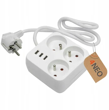 Prailginimo laidas su 3 Usb ir 3 lizdais, 2m, baltas
