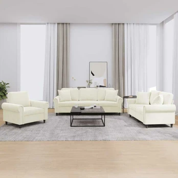 Sofa Sofos komplektas su pagalvėmis, 3 dalių, kreminis, aksomas