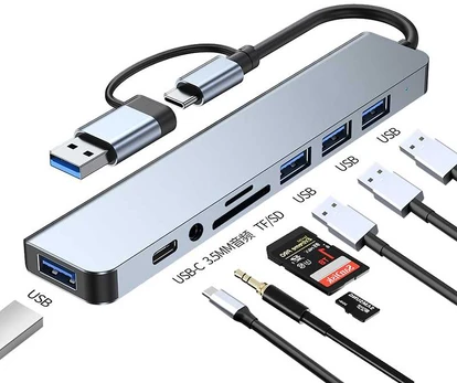 Šakotuvas Hub 8in1 USB-C/A to USB 3.0 / USB 2.0 / SD / TF / USB-C / Audio, Avernus