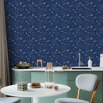 Artgeist Tapetas - Cosmic Fantasy - Pattern with Suns - Moons - and Dragonflies on a Dark Background.
