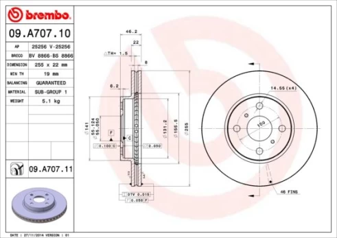 Stabdžių diskas BREMBO 09.A707.11