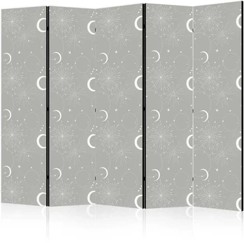 Artgeist Pertvara - Cosmic Fireworks - Elegant Pattern with Moons and Stars on a Gray Background