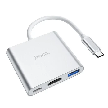 Adapteris HOCO HB14 type-C to (USB 3.0, HDMI, PD) sidabrinis